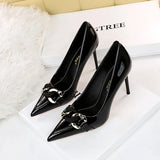 Breakj Fashion High Heels Women's Shoes Fine Heel Patent Leather Shallow Mouth Pointed Head High Heel Metal Belt Buckle Single