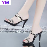 Sxey Women Sandals Fashion Peep Toe Rivet Sandals Strap Stiletto Lady Sweet Shoes 9CM Zapatos De Mujer Tacon Sapatos