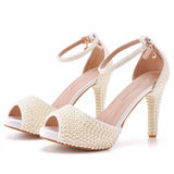 Breakj Fish Mouth High-Heeled Sandals Waterproof Table Sandals Fine Heel Pearl Beads Wedding Shoes Wedding
