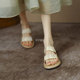 2022 Comfort Pleated Women Sandals Sexy Round Toe Design Flat Heel Ladies Shoes Buckle Wedge Slingback Wedding Dress
