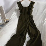 Spring New Arrival Women Casual Solid Jumpsuit Office Lady Sleeveless Ruffle Sexy Top Long Wide Leg Pants