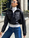 PU Women Pocket Jacket Drawstring Crop Coats Long Sleeve Green Zipper Harajuku Fashion Leather Punk Autumn Jacket