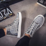Skate Shoes Silver pink Lovers sequined Shoes Rivets Punk Glitter shoes Men Sneakers Youth High Top Street Flats