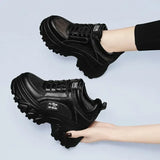 Black Chunky Sneakers Women Spring Autumn Thick Bottom Dad Shoes Woman Fashion PU Leather Platform Sneakers