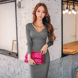 45-70KG Autumn Winter Women Knitted Cotton Skinny Sweater Dress V-neck Slim Bodycon Dress Elegant Sexy Party