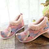 Flat Shoes Warm Winter Embroidered Chinese Ethnic Style Plus Velvet Female Cotton Shoes Pointed Toe 2021 Ladies