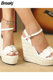 Wedge Heels Straw Sandals 2023 European Style Sexy Ankle Buckle Women's Shoes Summer Comfy Walking Fashion Simply
