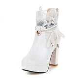 2021 Lace Ankle Boots Thick High Heeled Female Short Boots Round Toe Platform Ladies Shoes White Wedding Shoes Plus