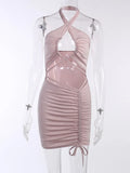 Knit Mini Dress Halter Folds Backless Sexy Hollow Out Drawstring Sleeveless Bodycon Party Fashion Clubwear Dress