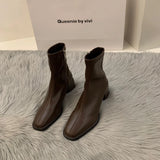 High-Heeled Square Head Thin French Short Boots Women's Shoes 2024 New Spring And Autumn Single Boots Brown Martin