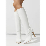 New Thick Heel Middle Tube Elastic Inside Zipper Diamond Irregular Fashion Stone Grain Pointed Women's