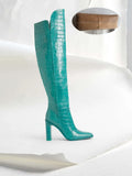 Leather Knee High Boots Women Sexy Chunky High Heels Long Boots Female Winter Party Shoes Cowboy Knight