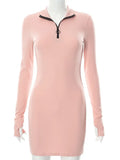 Knit Mini Dress Zipper Turtleneck Long Sleeve Women Bodycon Casual Fashion Grey Autumn Ladies Elegant Sexy Dress