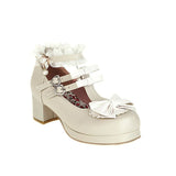Lolita Shoes Women Low Round with T Straps White Bow Cute Girls Princess Tea Party Shoes Students Lovely Pumps Size
