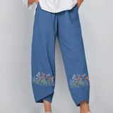 New Floral Print Cotton Linen Pants Fall Summer Loose Irregular Elastic Waist Wide Leg Pant Casual Elegant Pocket