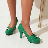 Fashion Pumps Women Round Toe Spike High Heels Slip On Bow Pearls Platform Patent Leather Sexy Party Club Shoes Ladies