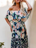 2022 New Printed Casual Loose Beach Women Dress Summer Office Ladies Chic Dress Sexy Off Shoulder Ruffle Slim Waist Long