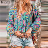 Bohemian Printed Tops Women's Spring Blouses ZANZEA 2022 Casual Tassel Puff Sleeve Shirts Femlae V Neck Lace-Up