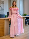 French Elegant Wind Shoulder Dress Dress 2025 New Splicing Three-Dimensional Flowers Decorated Long Dress