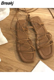 Sandals Women's 2023 Summer New Fashion Flat Open Toe Cross Tie Shoes Casual Elegant Dress Lace Up Beach Gladiator