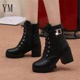 Hot Sale 2020 Brand Women Boots Lace Up Flat Biker Combat Wine Red Boots Shoes Buckle Woman botas Women Martin Boots Size