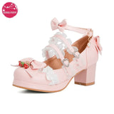 Women Fashion Sweet Bownot Lolita Shoes Block Heels Strawberry Ankle Strap Platform Lace Men Maid Mary Jane Pumps Big Size