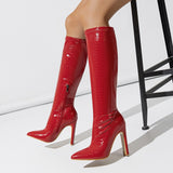 New Thick Heel Middle Tube Elastic Inside Zipper Diamond Irregular Fashion Stone Grain Pointed Women's