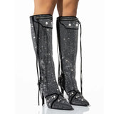 Breakj Pointy Tip With Ultra High Heel Side Open Zipper Rivets Buckle Diamond Large Size And Knee Boots High