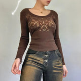 Retro Graphic Print Y2K Tops Aesthetic 90s Chic Vintage Harajuku Brown Cloth Autumn Crewneck Casual Cotton