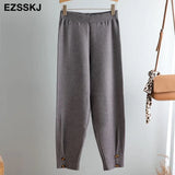 Elastic Waist BUTTON Trousers Thick Knitted Harem Pants Autumn Winter Sport pants sweater Knitted Carrot