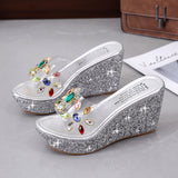 2020 Women Transparent Clear Crystal Sequins Platform Wedge Thick Sole Sandals High Heels Mules Slides Summer Beach