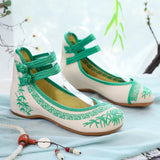 Breakj And White Porcelain Embroidered Cloth Shoes, Spring And Autumn Women's Single Shoes, Casual Double Plate Buckle Retro Shallow