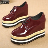 Brand Spring Casual Solid Women Shoes Patent Leather Lace-Up Loafers Platforms Sneakers British Style Ladies Oxfords