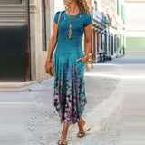 Summer Fashion O Neck Floral Print Pocket A-line Dress Casual Short Sleeves Patchwork Retro Slim Dresses Elegant