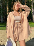 Lace Up Shorts Female 2 Piece Clothing Sets Turn Down Collar Loose Long Sleeve Korean Fashion Top Button Women's
