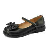 Womens Black Mary Jane Lolita Genuine Leather Shoes for Ladies Classic Bow Round Toe Thick Low Heel Lovely Pumps Sweet