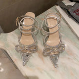 Sandals 2024 Spring Style Ladies Diamond Bow Tie Women's Shoes Thin Heel Baotou French