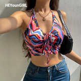 Summer Backless Sexy Halter Crop Top Women Wave Printed Sleeveless Tanks Camis Tops Tees Ladies Fashion