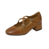 Retro Cowhide Genuine Leather Single Shoe Female Cross Strap Med Chuncky Heel Round Toe French Mary Jane Pumps Sheepskin
