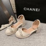 Breakj New Shallow Mouth Thick With Rhinestone Pearl Sandals Women A Word With Round Head Korean Version Single Shoes Mary Jane Women's
