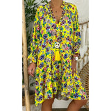 Fashion New V Neck Print Ruffle Dresses Casual Button Pacthwork Loose Mid Dresses Elegant Streetwear Party Female