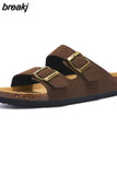 2023 New Summer Women Cork Slipper Casual Beach Double Buckle Non-slip Outside Nubuck Leather Slip on Slides