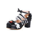 Women Fashion Sweet Bownot Lolita Shoes Block Heels Strawberry Ankle Strap Platform Lace Men Maid Mary Jane Pumps Big Size