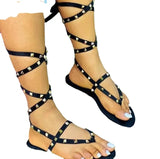 2023 New Flat Strap Rivet Sandals Large Size Toe Sandals Women's Word Beach