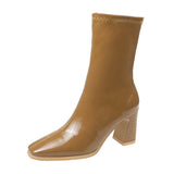 Celebrity Elastic Thin Thin Boots Female 2023 Autumn New Thick High Heel Temperament Short Boots Female White Lacquer Leather Martin