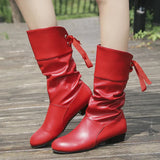 Breakj Autumn And Winter Large-Size Knight Boots Low And Round Head After The Tie With Warm Mid-Sleet Boots