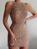 2022 Sexy Skinny Hip Party Dress Women Fashion Sequin Solid Color Sleeveless Club Mini Dress Summer Elegant Women Dress