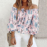 Summer Women Slash Neck Off-shoulder Print Chiffon T-shirts Casual Loose Flared Sleeves Streetwear Tops Elegant