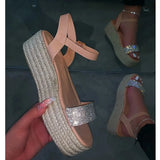Summer 2020 Women Hemp High Heel Platform Outdoor Leisure Buckle Slippers Beach Sandals Ladies Sexy Biling