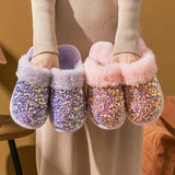 Sequins Home Fur Slippers Women Winter Keep Warm Plush Flat Cotton Shoes Woman Indoor Bedroom Soft Sole Fluffy